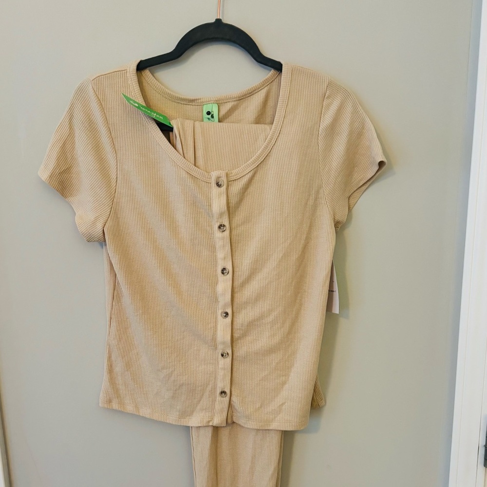 Beige Button-Up Ribbed Pajamas - Picture 2 of 2